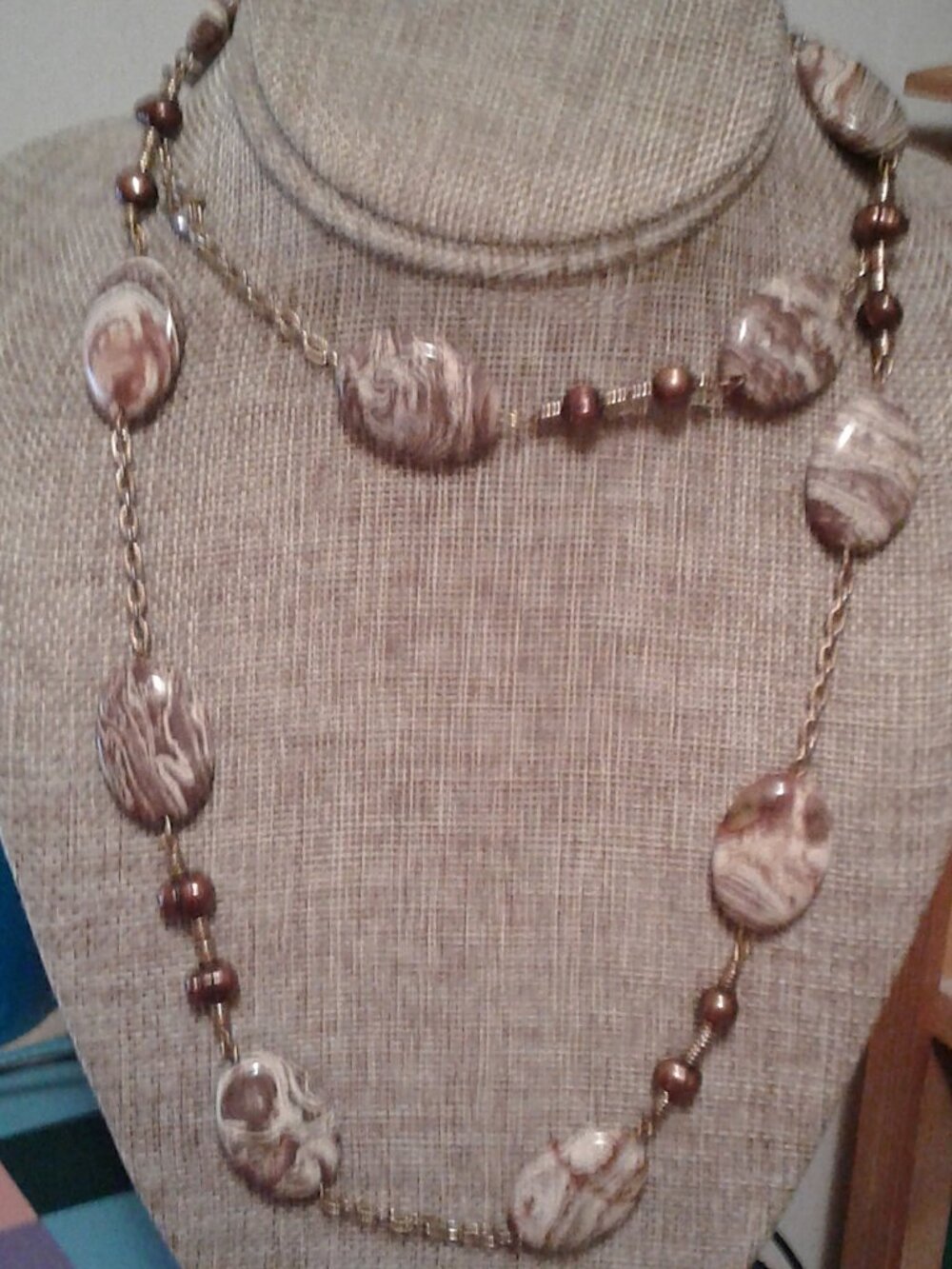 Jewelry Set Brown/Cream Mix Jasper Stone Necklace & Matching Dangle Earrings LNC
